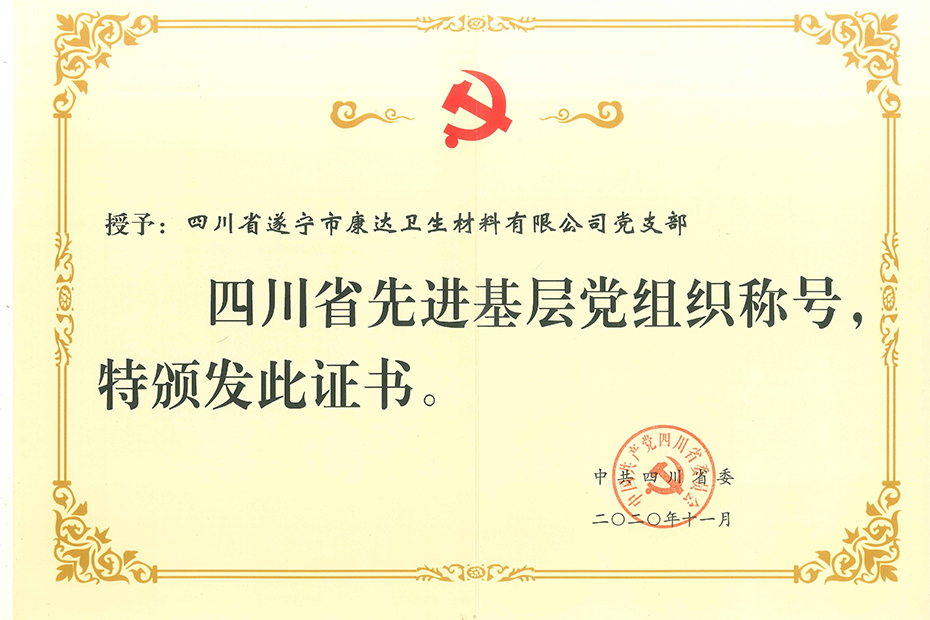 Certificate of Advanced Grassroots Organization Title in Sichuan Province in November 2020